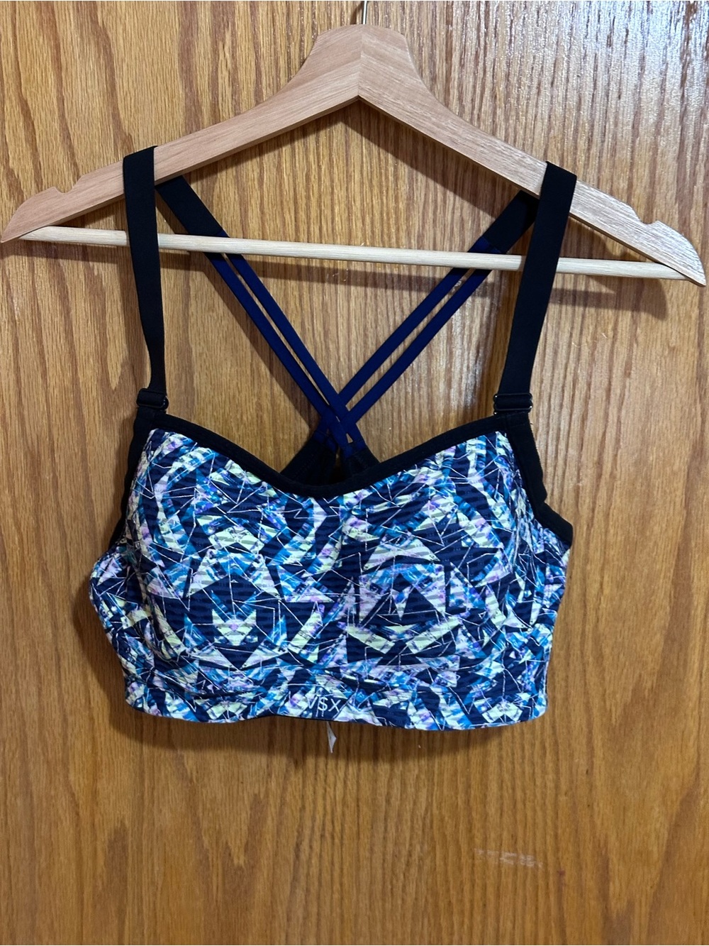 VSX Multicolor Geometric Sports Bra with Black Straps 38C